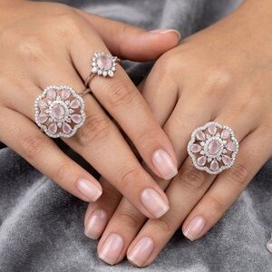 Pink CZ Floral Cocktail Ring | Cubic Zirconia Halo Flower Ring
